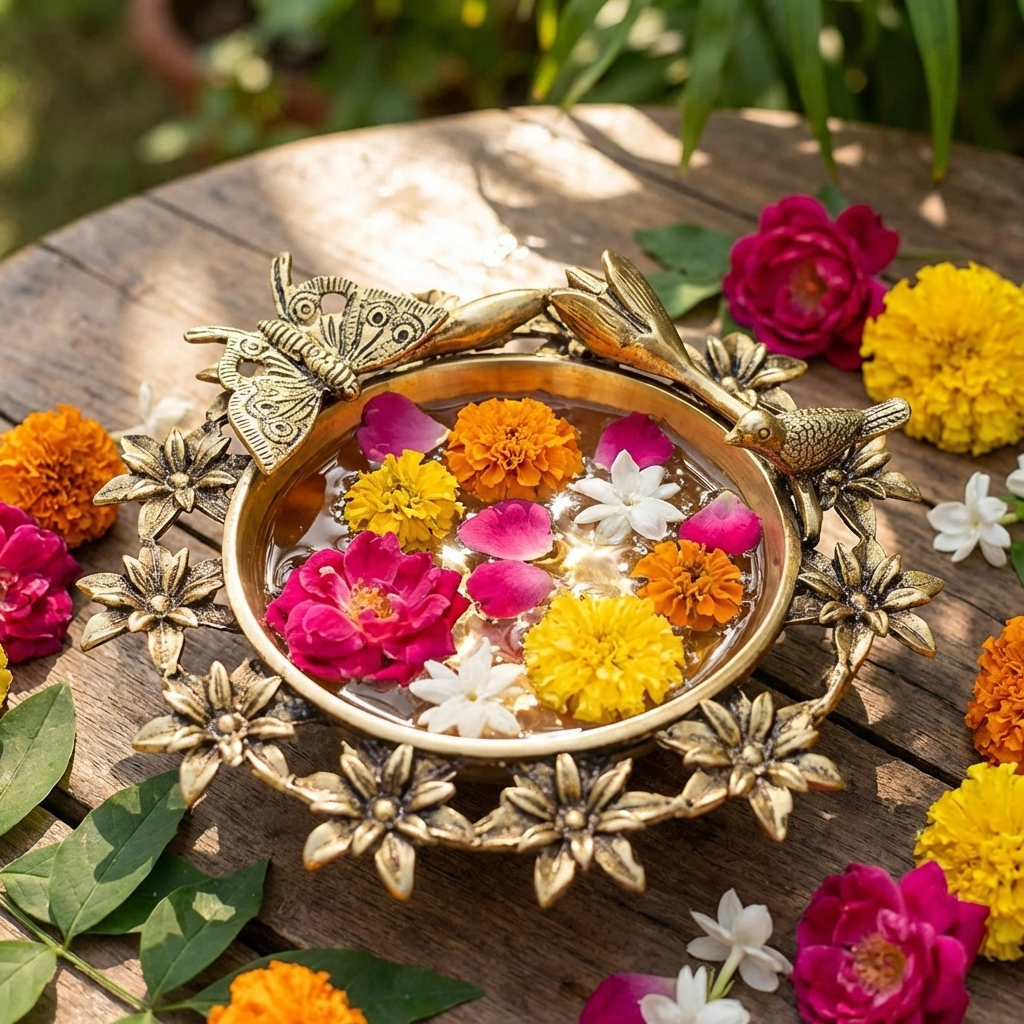 Brass Flower Urli Bowl with Bird and Butterfly,Urli Bowl in Brass, Traditional bowl for flower decoration,
