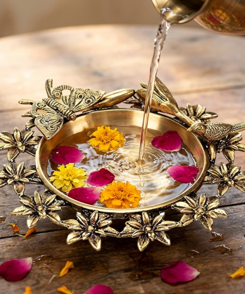 Brass Flower Urli Bowl with Bird and Butterfly,Urli Bowl in Brass, Traditional bowl for flower decoration,