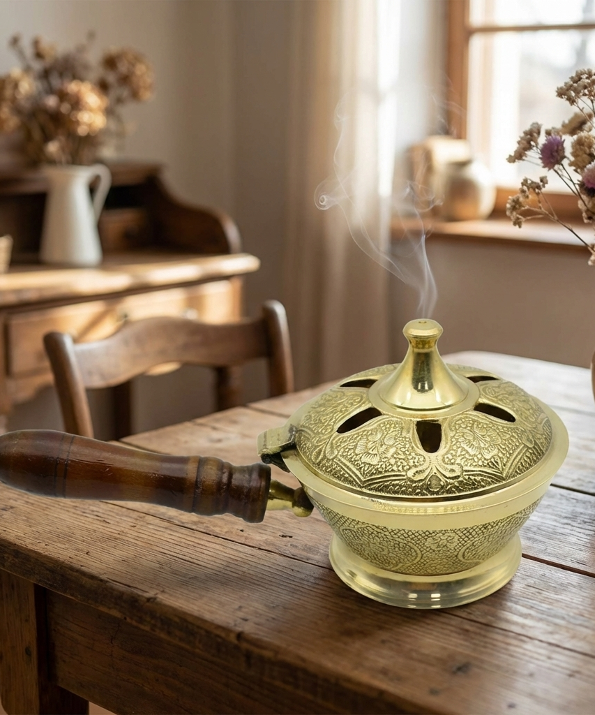 Aarti Sambrani Stand &amp; Loban Dhoop Burner Brass with Wooden Holder.