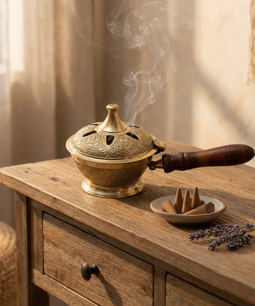 Aarti Sambrani Stand &amp; Loban Dhoop Burner Brass with Wooden Holder.