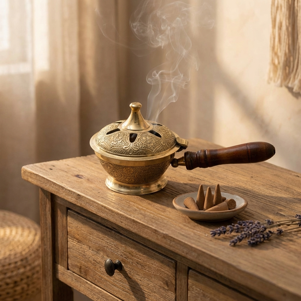 Aarti Sambrani Stand &amp; Loban Dhoop Burner Brass with Wooden Holder.