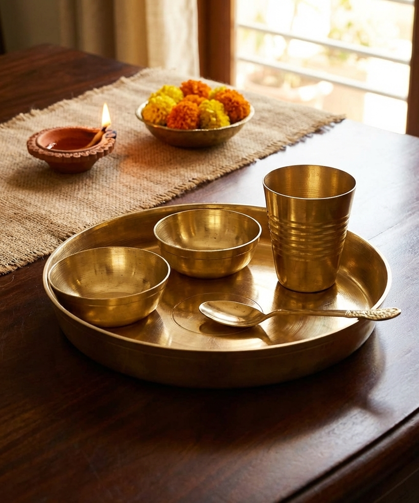 Brass Laddu Gopal Bhog Thali Set with 2 Katori, 1 Glass, 1 Spoon for Temple Home Décor Brass (5 Pieces, Gold).