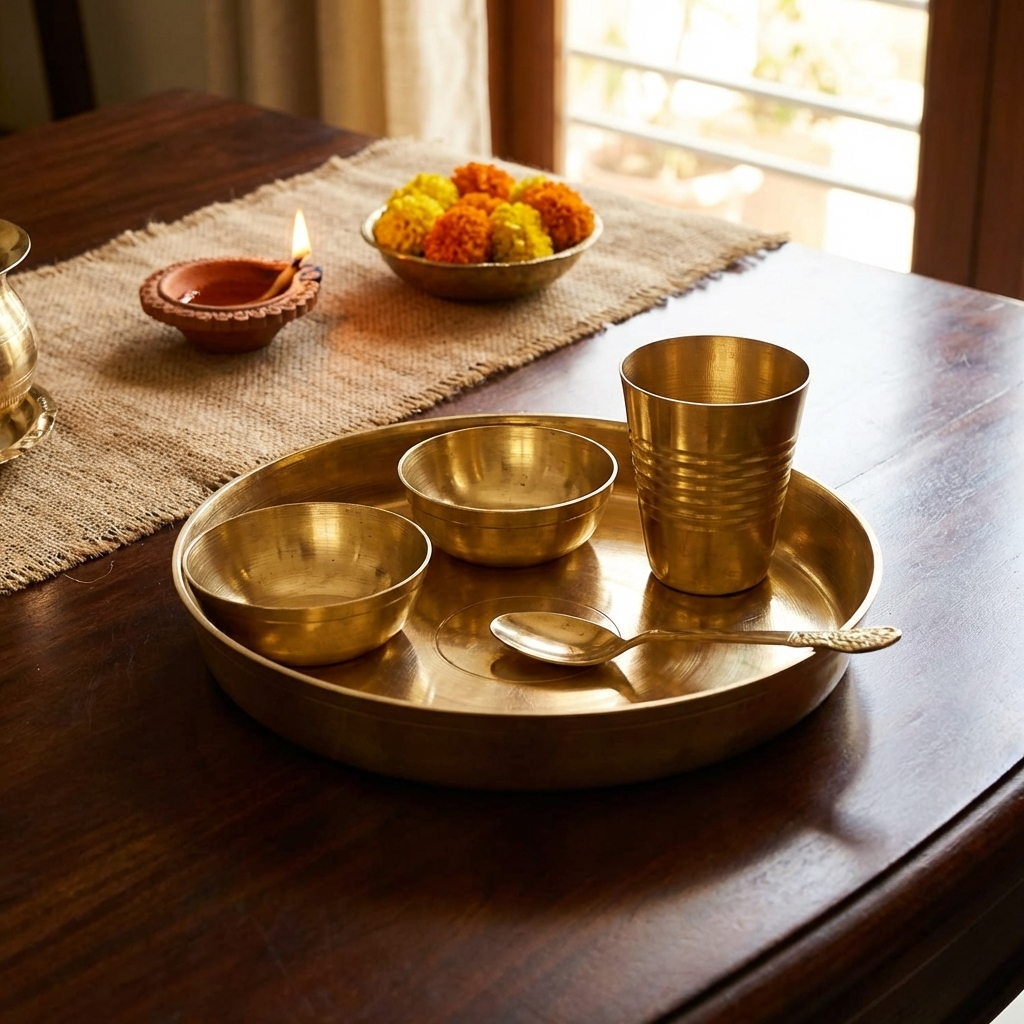 Brass Laddu Gopal Bhog Thali Set with 2 Katori, 1 Glass, 1 Spoon for Temple Home Décor Brass (5 Pieces, Gold).