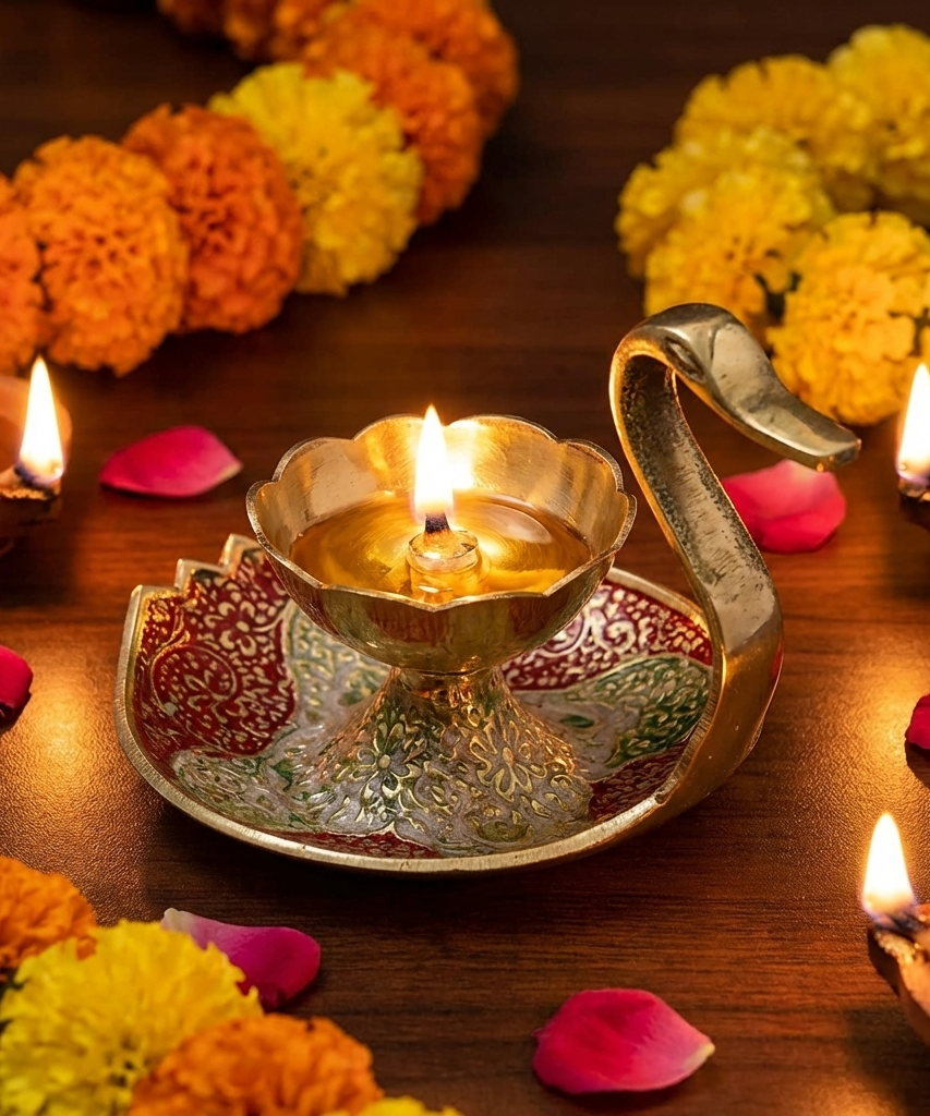 Brass Diya Lamp Kuber Deepak With Swan Design