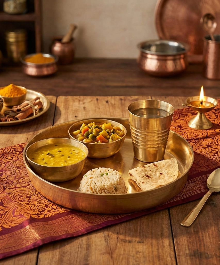 Brass Laddu Gopal Bhog Thali Set with 2 Katori, 1 Glass, 1 Spoon for Temple Home Décor Brass (5 Pieces, Gold).