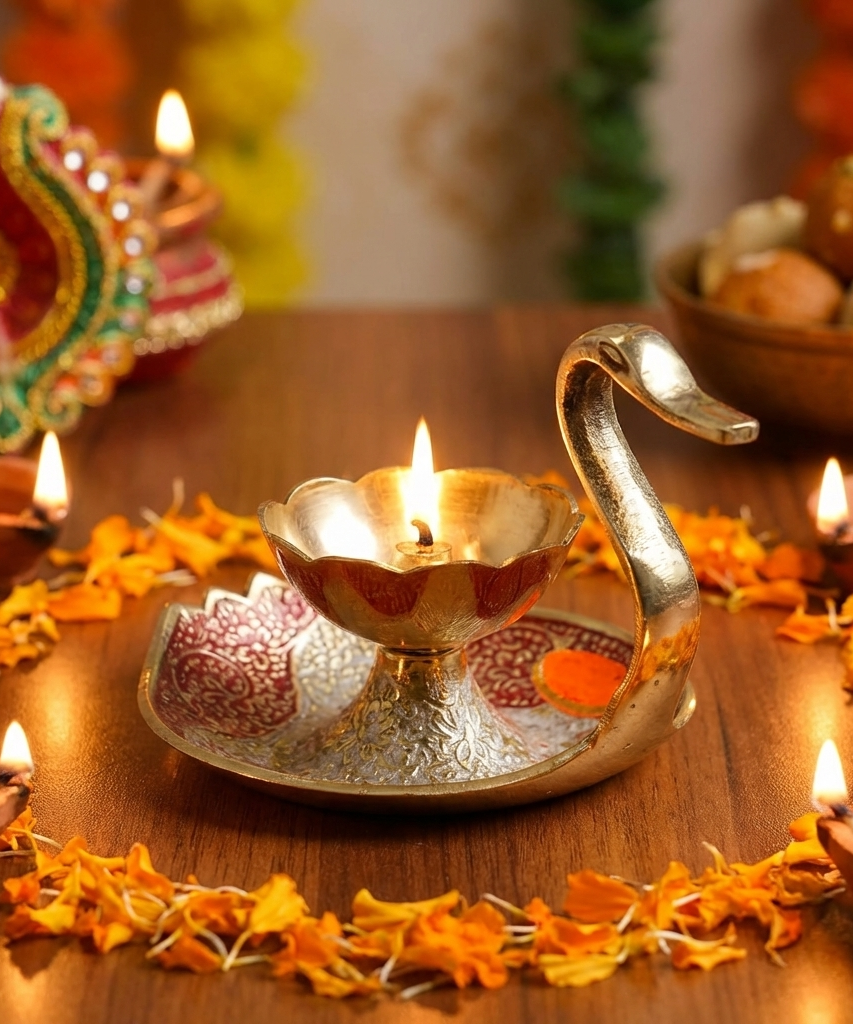 Brass Diya Lamp Kuber Deepak With Swan Design