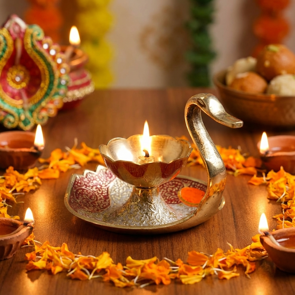 Brass Diya Lamp Kuber Deepak With Swan Design