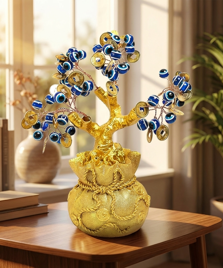 Feng Shui Evil Eye Money Tree for Home Decor – Spiritual Good Luck & Protection Tree ( Lenth-6cm,width-6cm,Height-15cm )