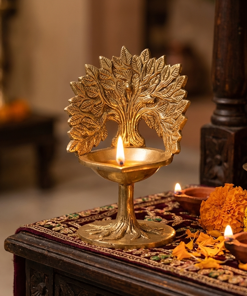 Brass Kalpavriksha Tree with Diya,Karpaga Viruksham Tree Vilakku for Home,
