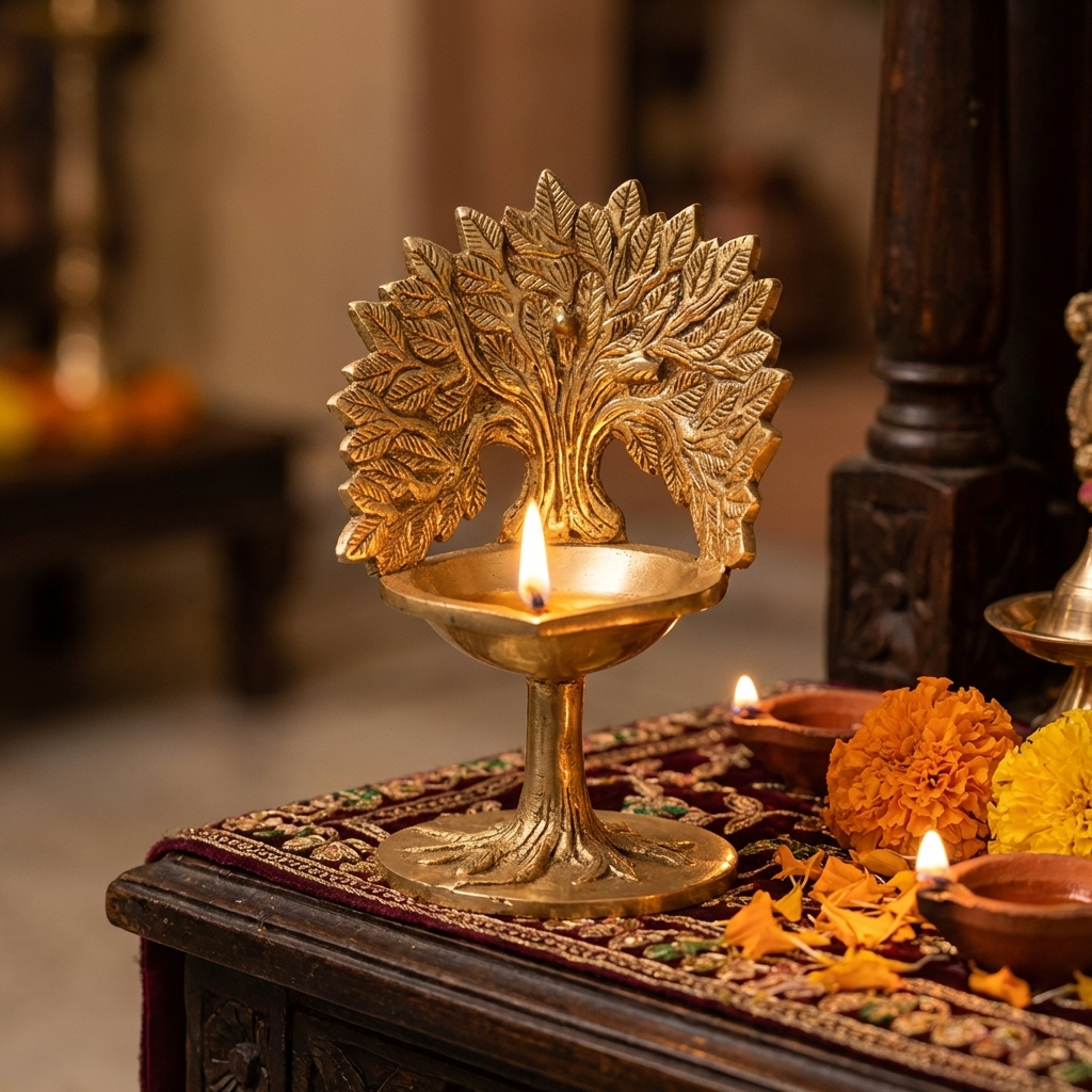 Brass Kalpavriksha Tree with Diya,Karpaga Viruksham Tree Vilakku for Home,