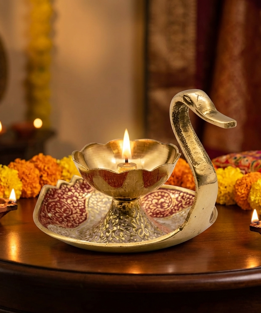 Brass Diya Lamp Kuber Deepak With Swan Design