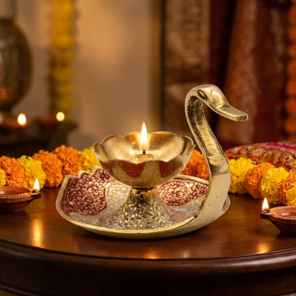 Brass Diya Lamp Kuber Deepak With Swan Design