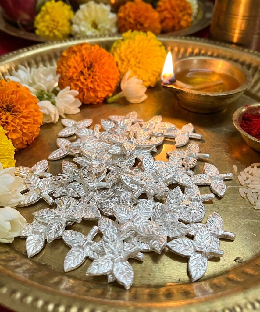 Silver Plated Puja Belpatra Leaves 108 Pieces