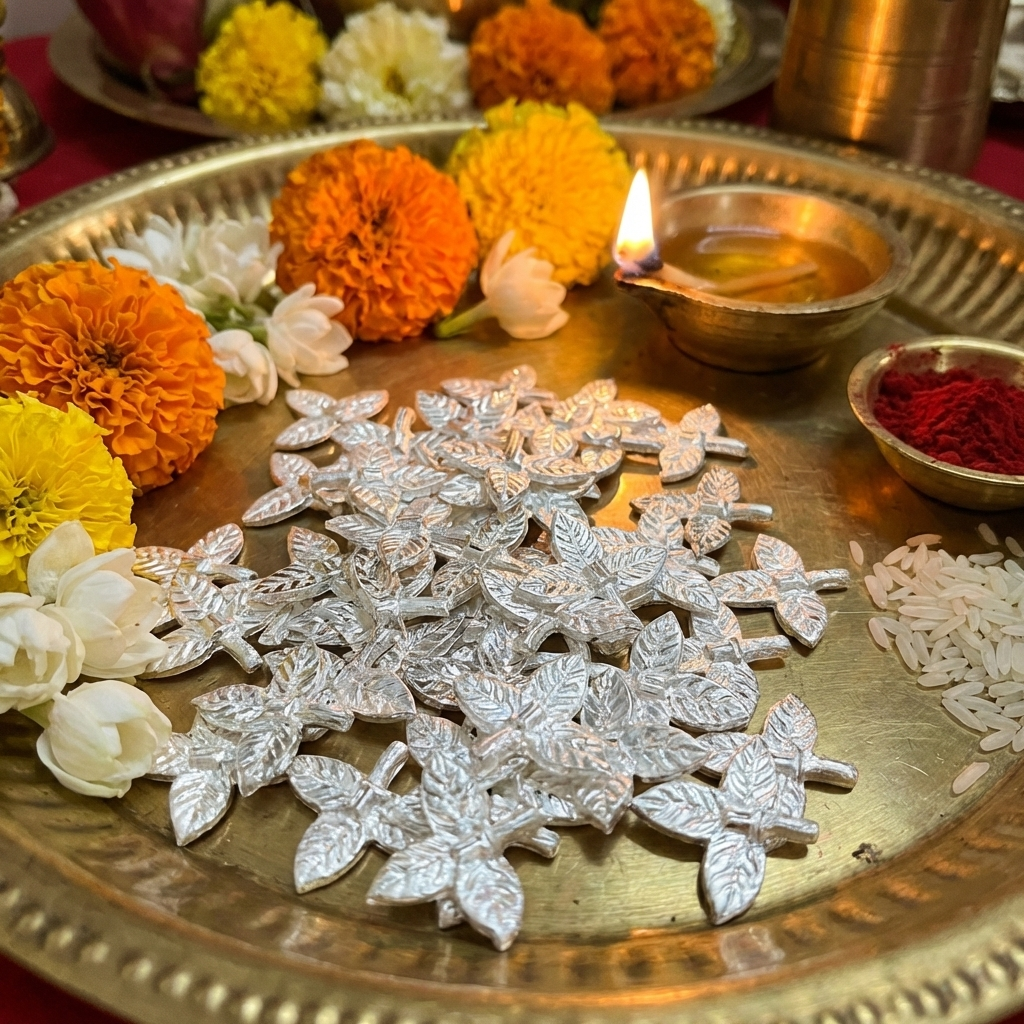 Silver Plated Puja Belpatra Leaves 21 Pieces
