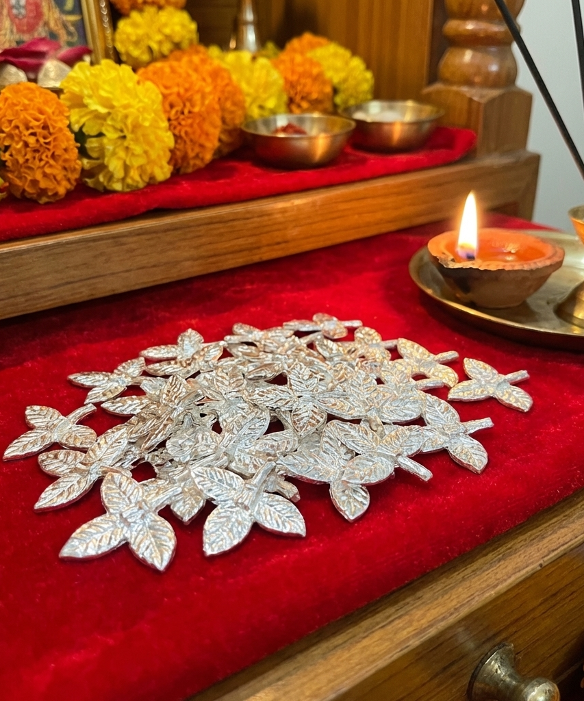 Silver Plated Puja Belpatra Leaves 108 Pieces