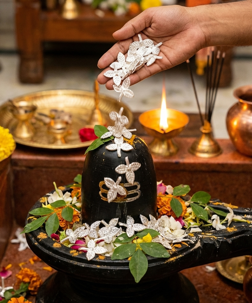Silver Plated Puja Belpatra Leaves 108 Pieces