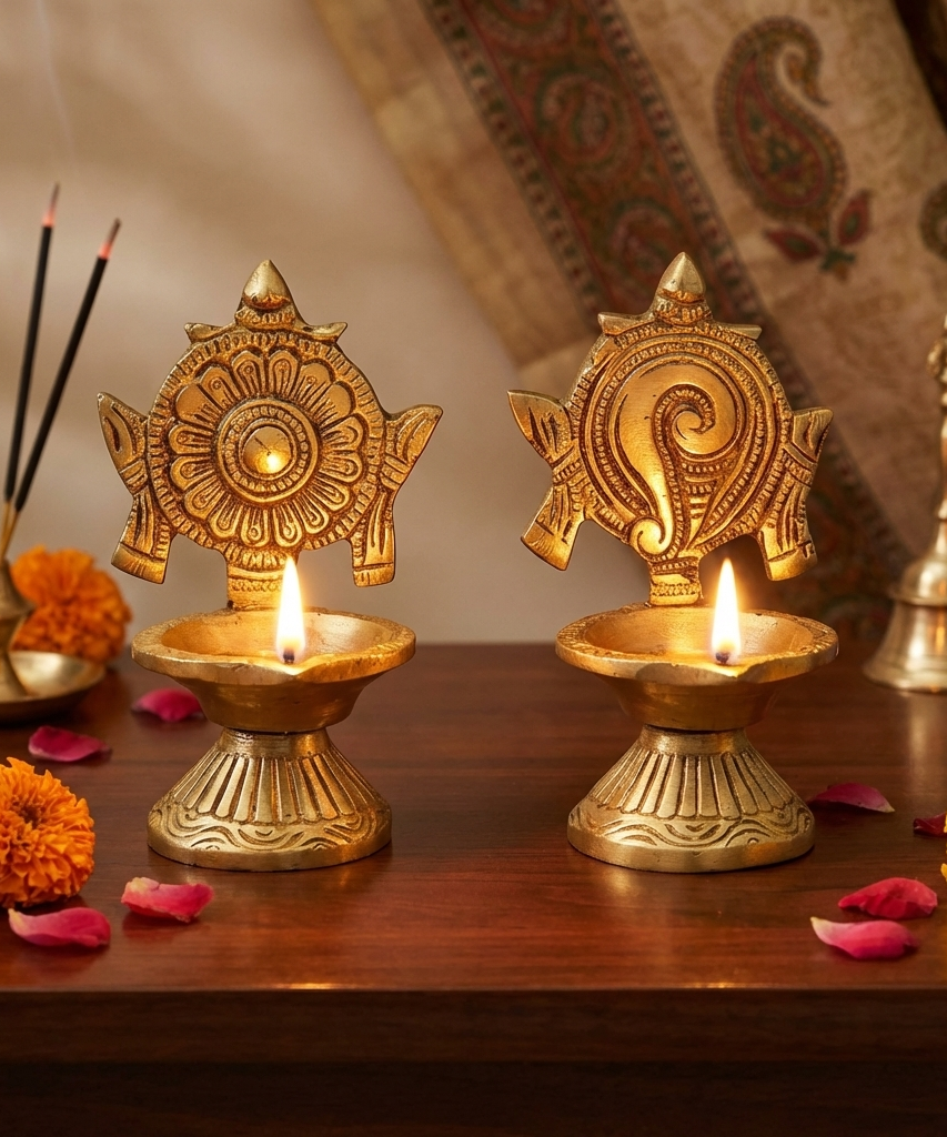 Shanku Chakra Diya Oil Deepam For Puja Deepak Oil Lamp for Pooja Room (Height: 3.9 inch).