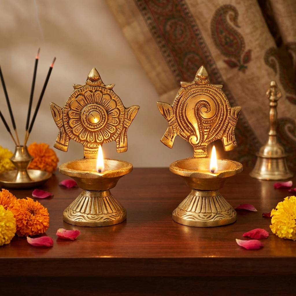 Shanku Chakra Diya Oil Deepam For Puja Deepak Oil Lamp for Pooja Room (Height: 3.9 inch).