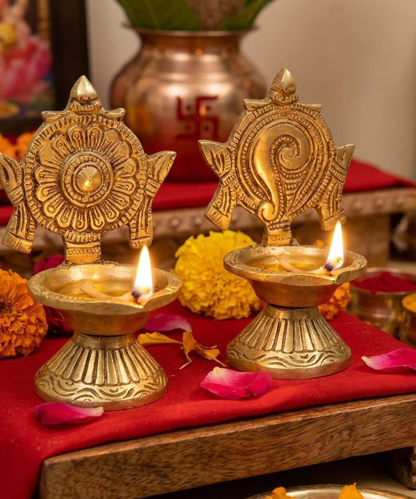 Shanku Chakra Diya Oil Deepam For Puja Deepak Oil Lamp for Pooja Room (Height: 3.9 inch).