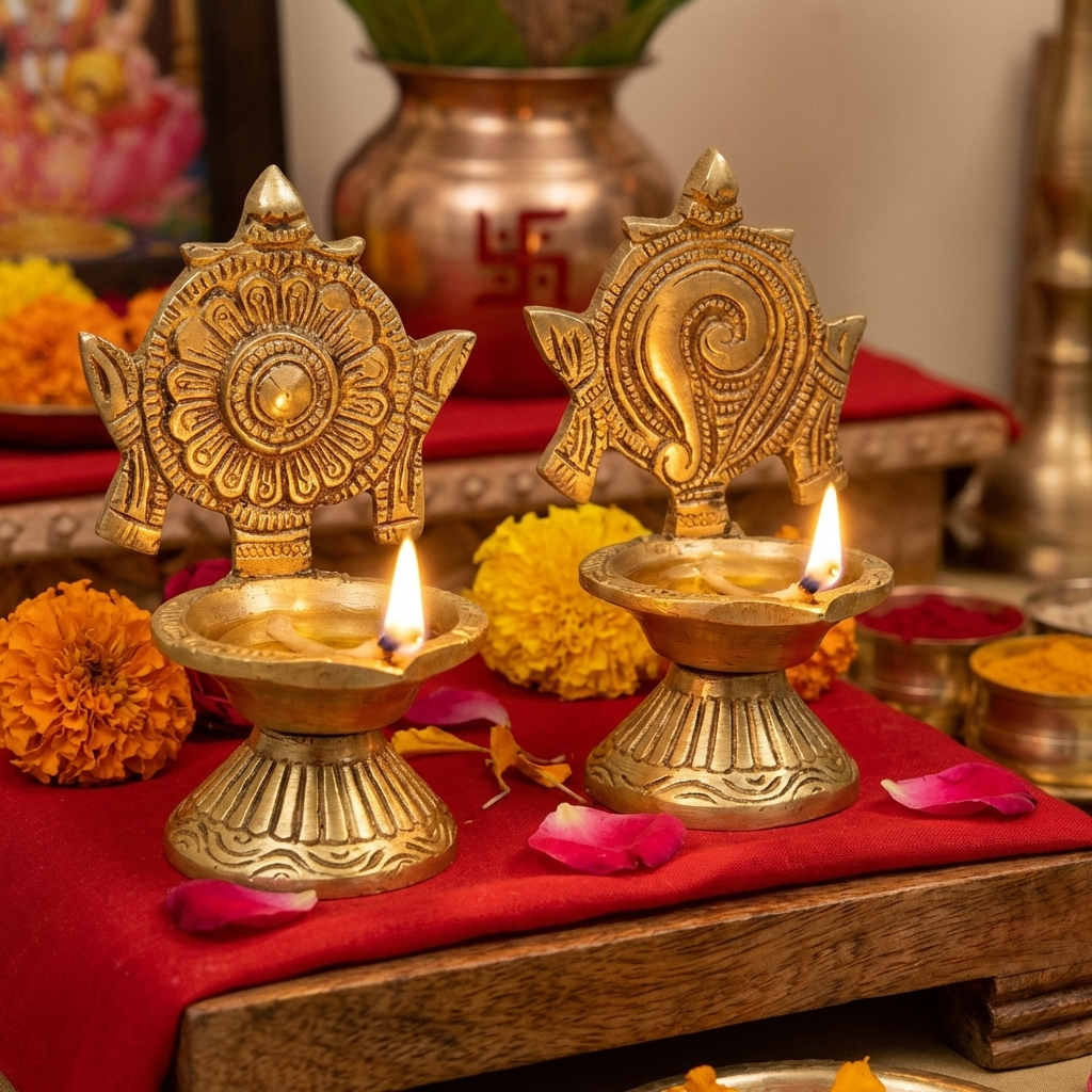 Shanku Chakra Diya Oil Deepam For Puja Deepak Oil Lamp for Pooja Room (Height: 3.9 inch).