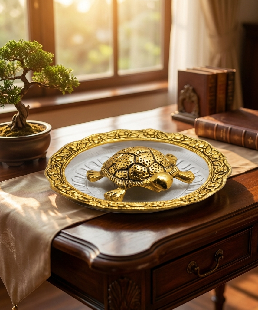Golden Feng Shui Turtle with Plate