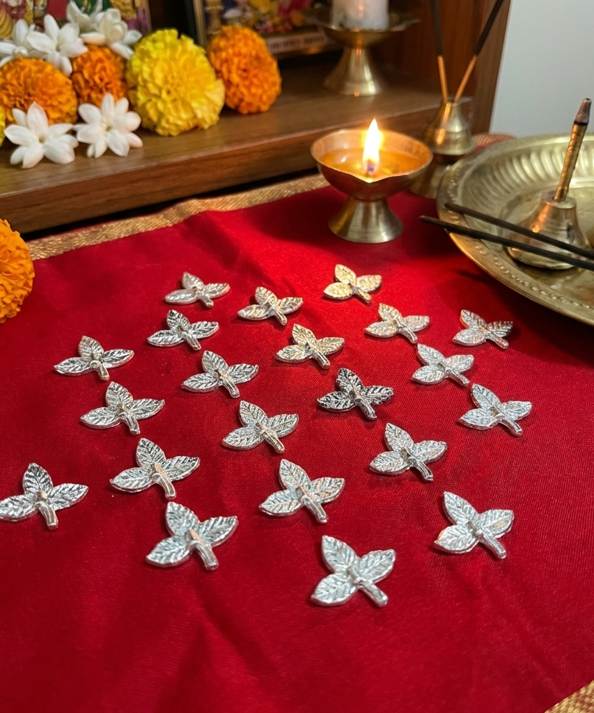 Silver Plated Puja Belpatra Leaves 21 Pieces