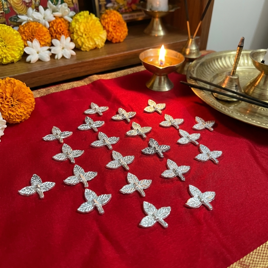 Silver Plated Puja Belpatra Leaves 21 Pieces