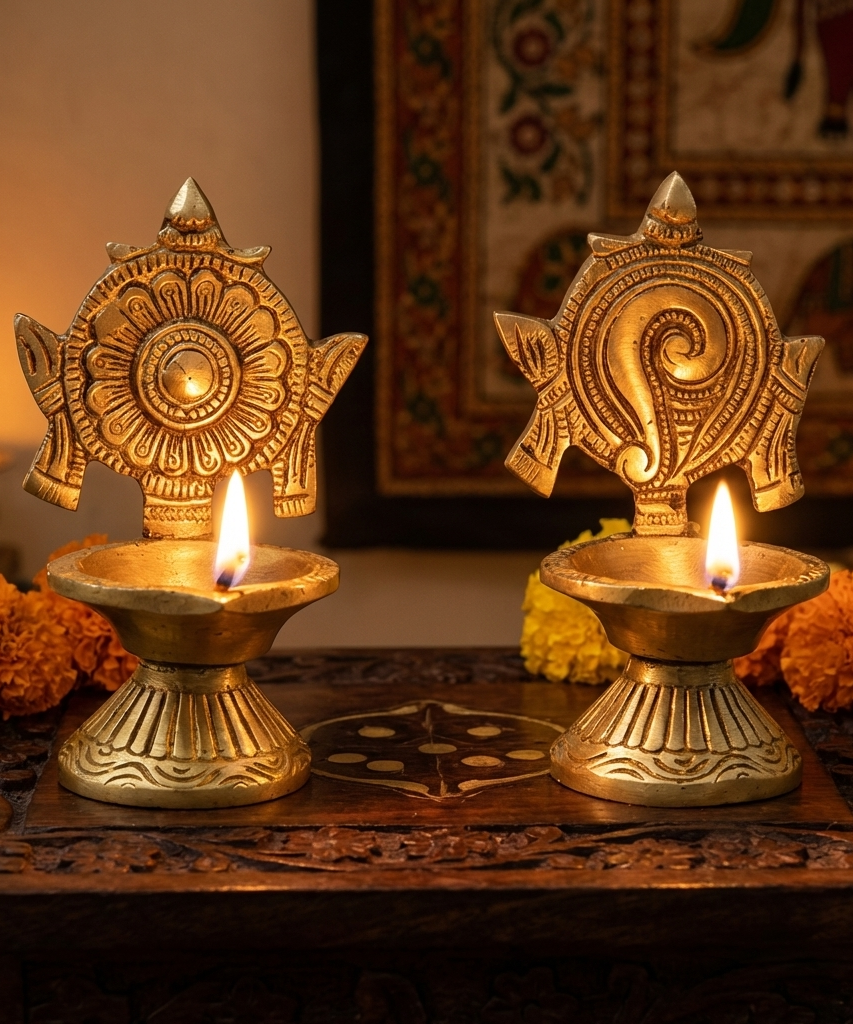 Shanku Chakra Diya Oil Deepam For Puja Deepak Oil Lamp for Pooja Room (Height: 3.9 inch).