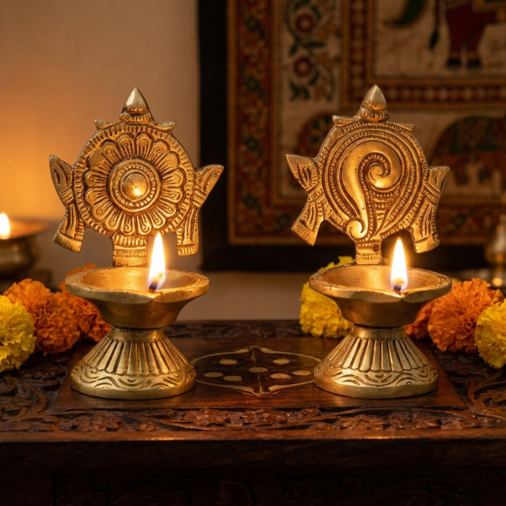 Shanku Chakra Diya Oil Deepam For Puja Deepak Oil Lamp for Pooja Room (Height: 3.9 inch).