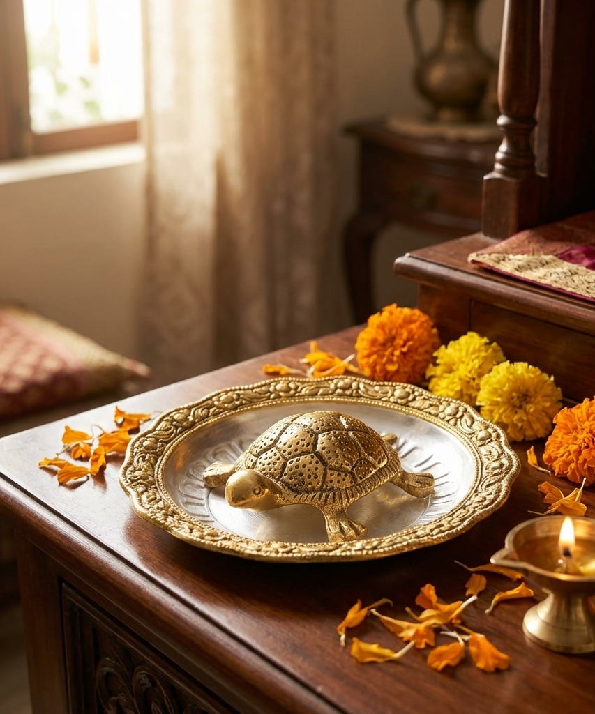 Golden Feng Shui Turtle with Plate