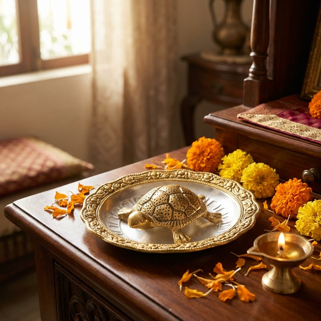 Golden Feng Shui Turtle with Plate