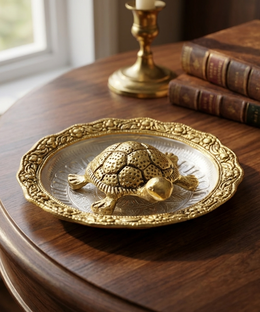 Golden Feng Shui Turtle with Plate
