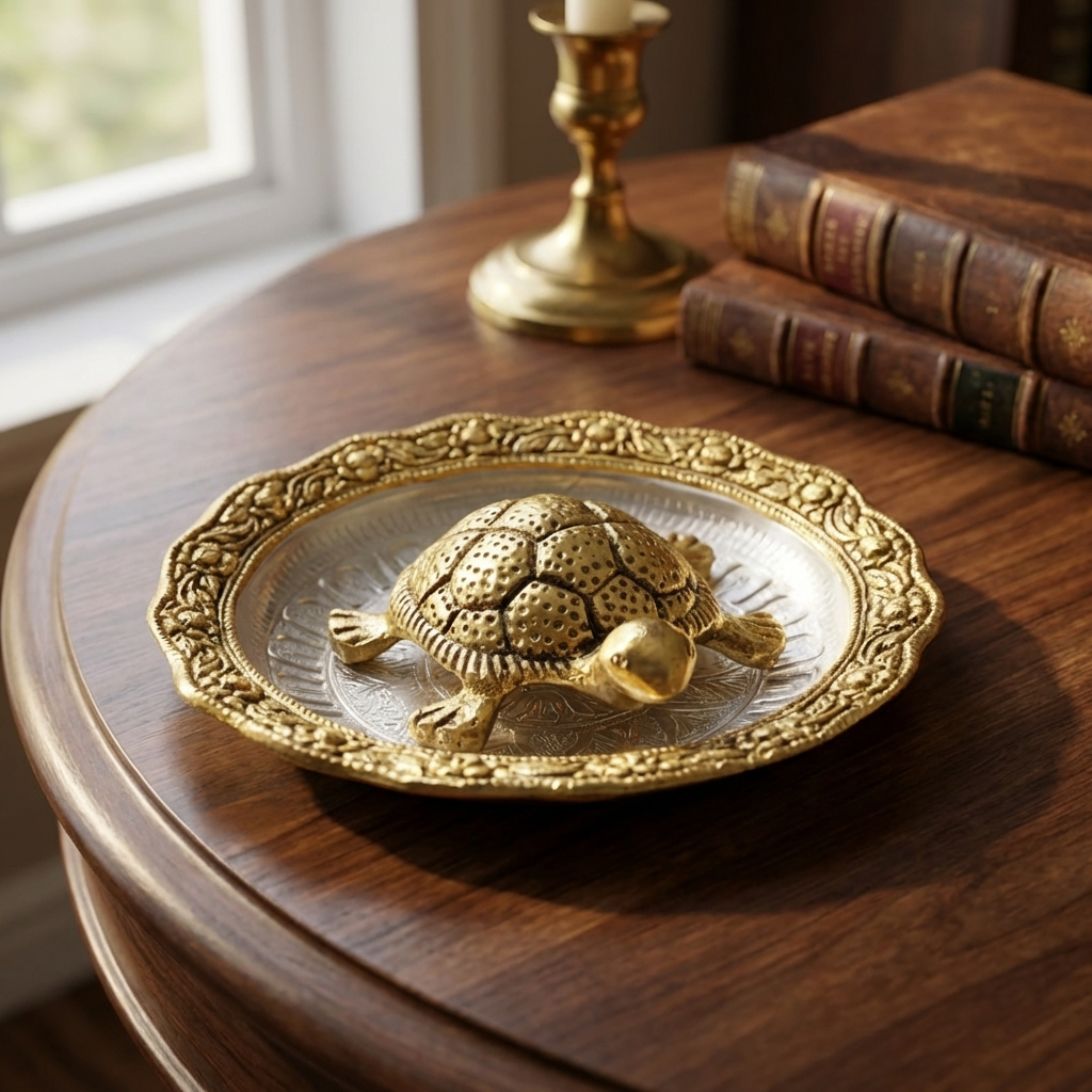 Golden Feng Shui Turtle with Plate