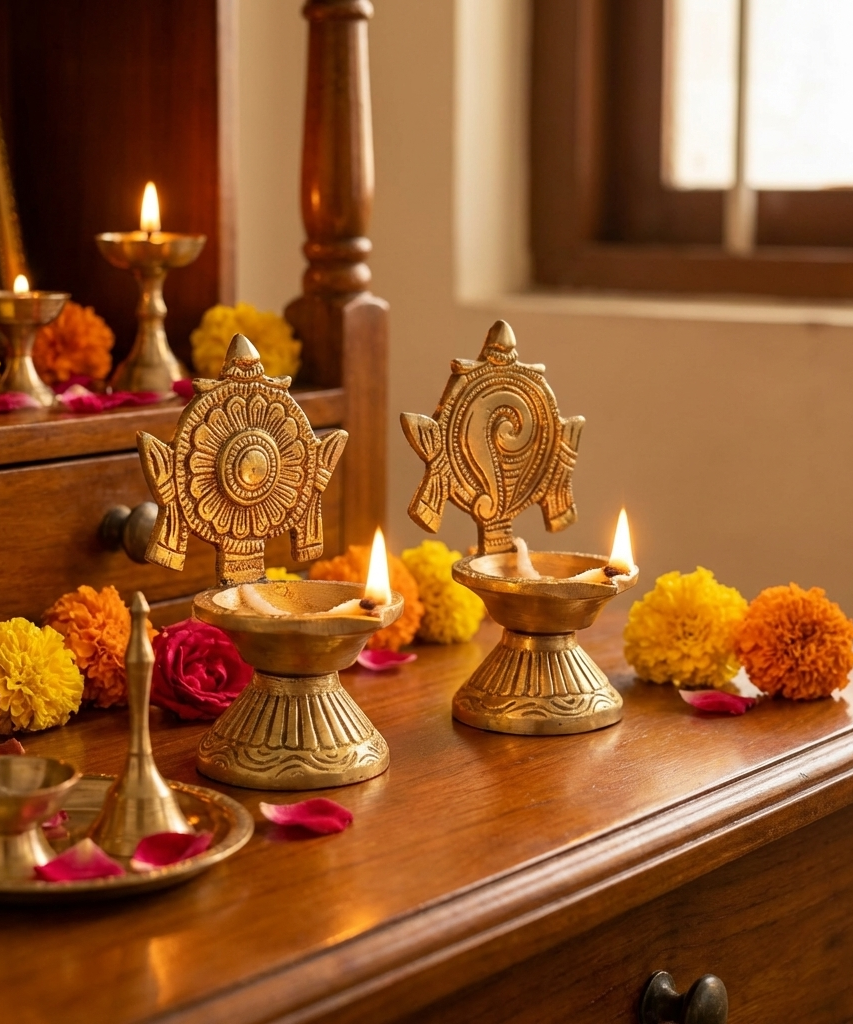 Shanku Chakra Diya Oil Deepam For Puja Deepak Oil Lamp for Pooja Room (Height: 3.9 inch).