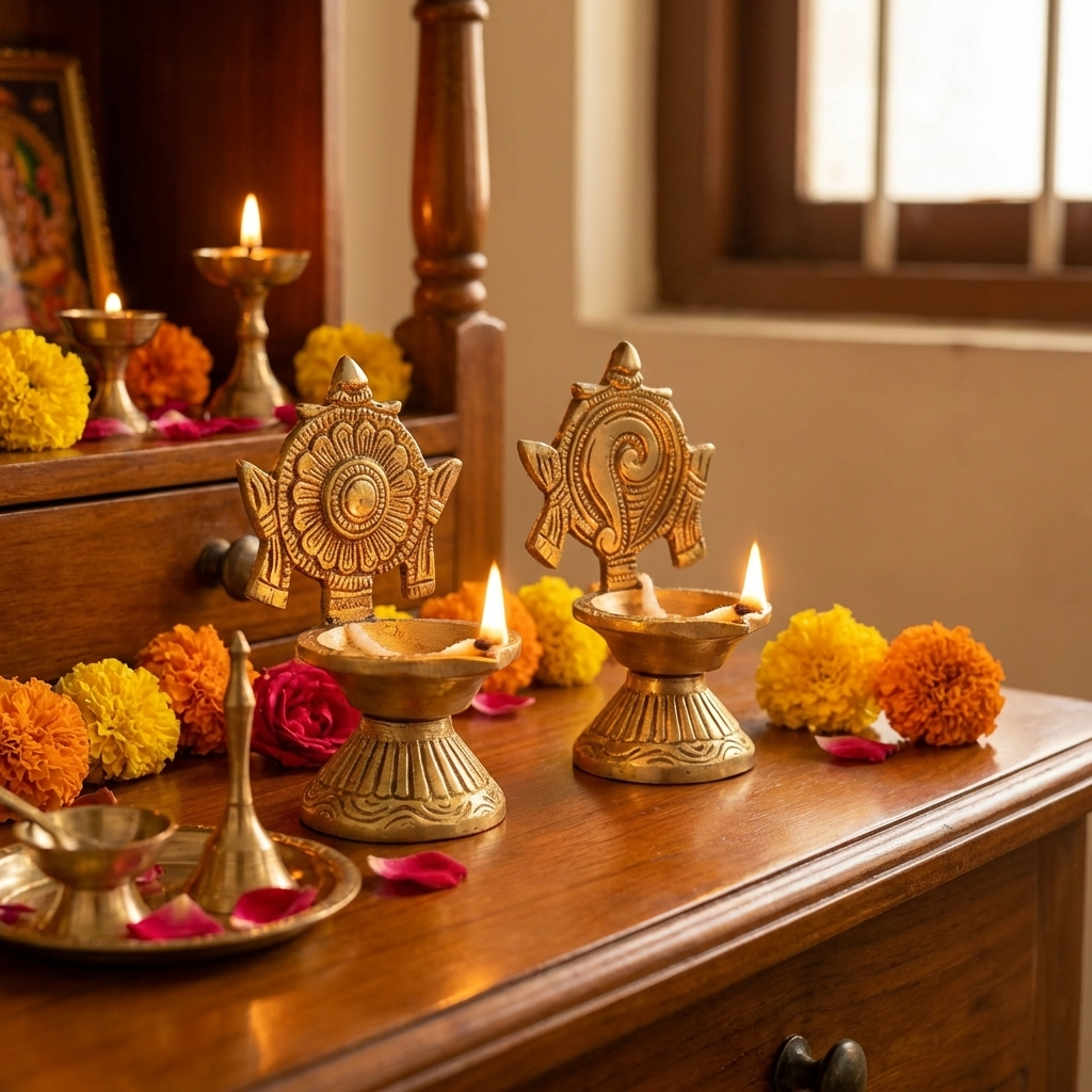 Shanku Chakra Diya Oil Deepam For Puja Deepak Oil Lamp for Pooja Room (Height: 3.9 inch).
