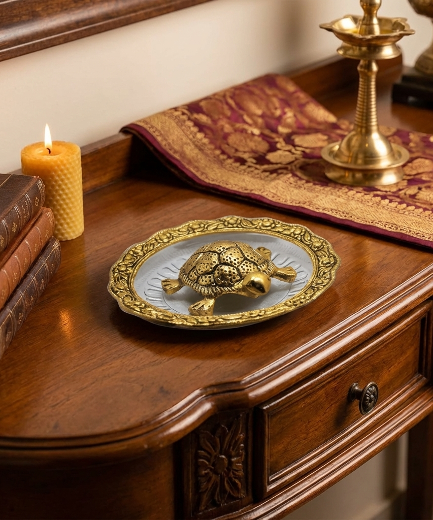 Golden Feng Shui Turtle with Plate