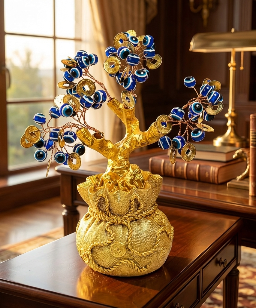 Feng Shui Evil Eye Money Tree for Home Decor – Spiritual Good Luck & Protection Tree ( Lenth-6cm,width-6cm,Height-15cm )