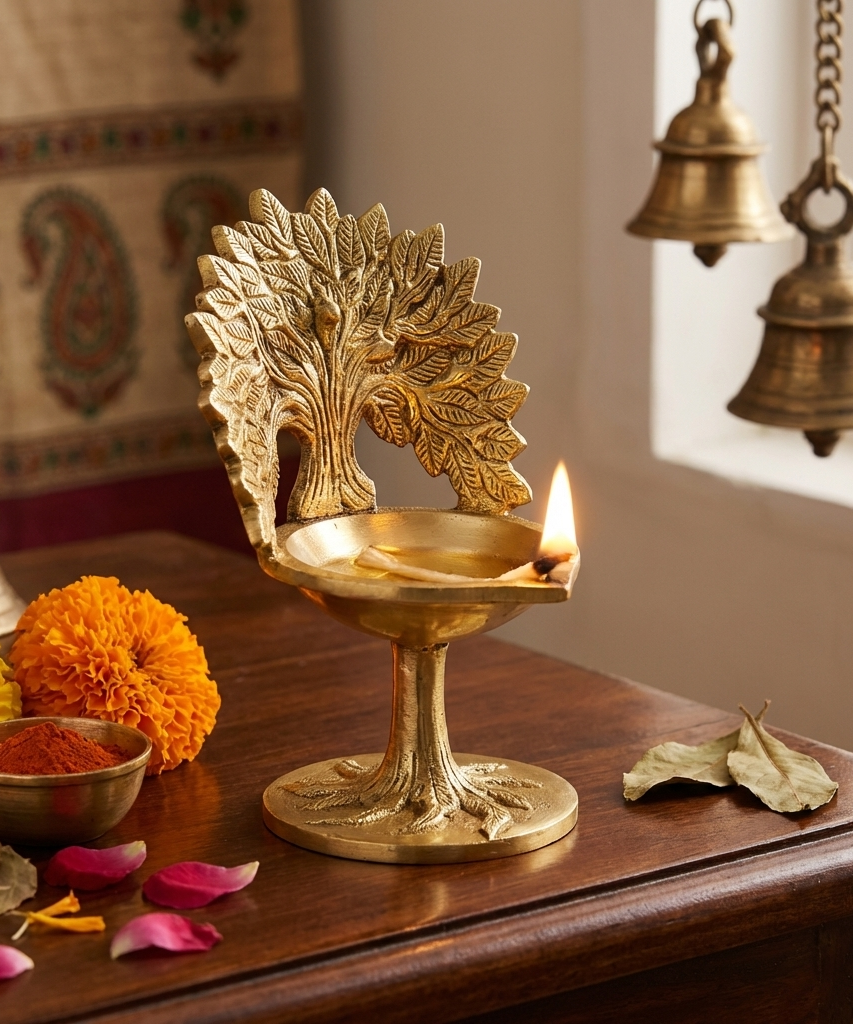 Brass Kalpavriksha Tree with Diya,Karpaga Viruksham Tree Vilakku for Home,