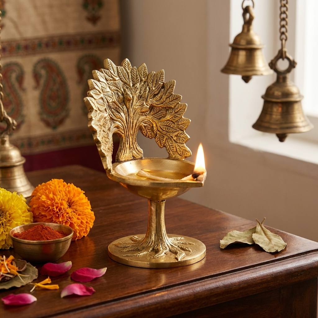 Brass Kalpavriksha Tree with Diya,Karpaga Viruksham Tree Vilakku for Home,