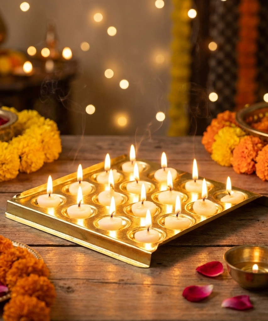 Square Design Brass Ghee Diya Holder for Pooja Room and Diwali Celebrations
