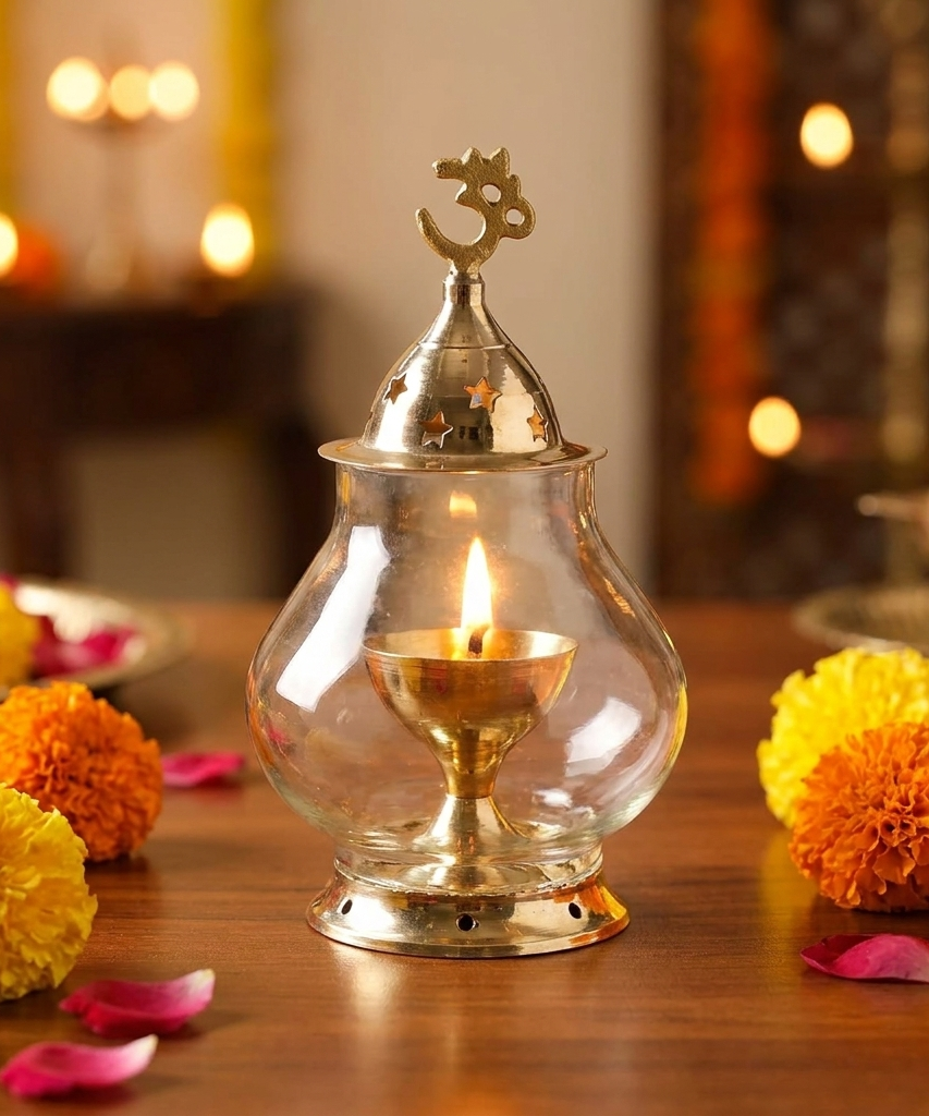 Akhand Diya/Oil Lamp with Glass Cover Brass