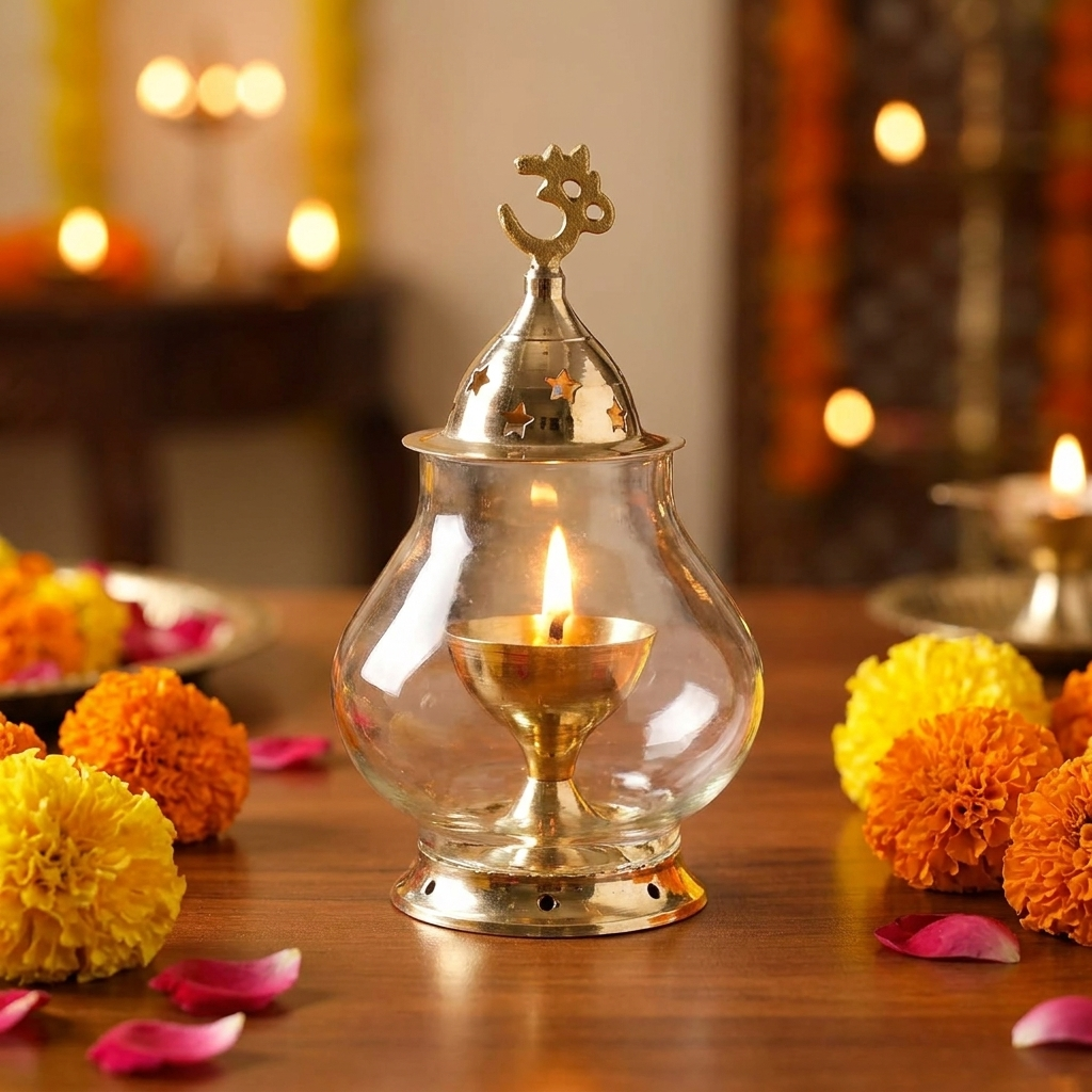Akhand Diya/Oil Lamp with Glass Cover Brass