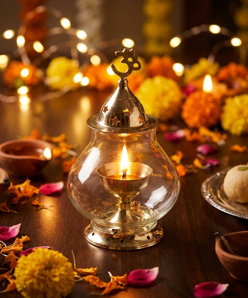 Akhand Diya/Oil Lamp with Glass Cover Brass