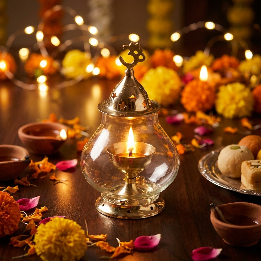 Akhand Diya/Oil Lamp with Glass Cover Brass