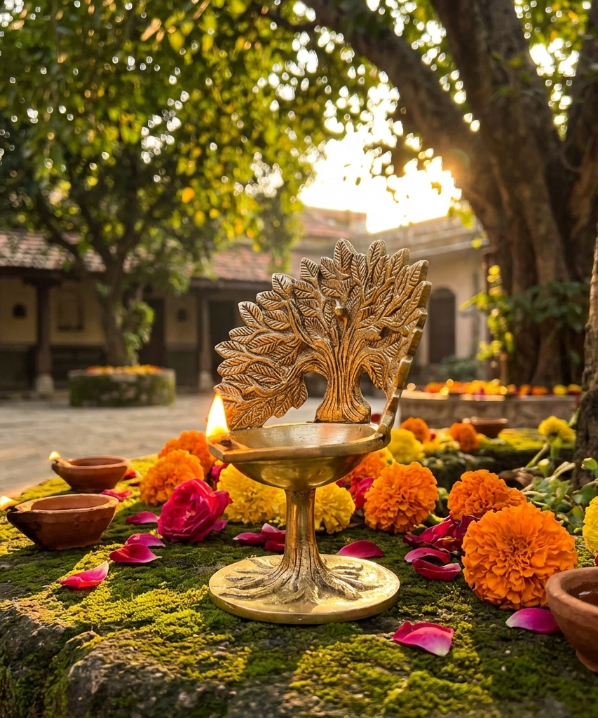 Brass Kalpavriksha Tree with Diya,Karpaga Viruksham Tree Vilakku for Home,