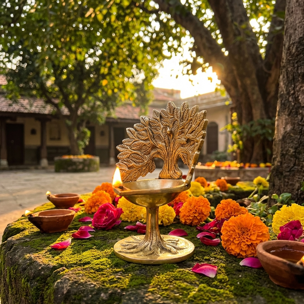 Brass Kalpavriksha Tree with Diya,Karpaga Viruksham Tree Vilakku for Home,