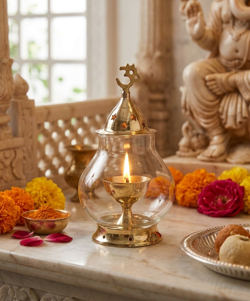 Akhand Diya/Oil Lamp with Glass Cover Brass