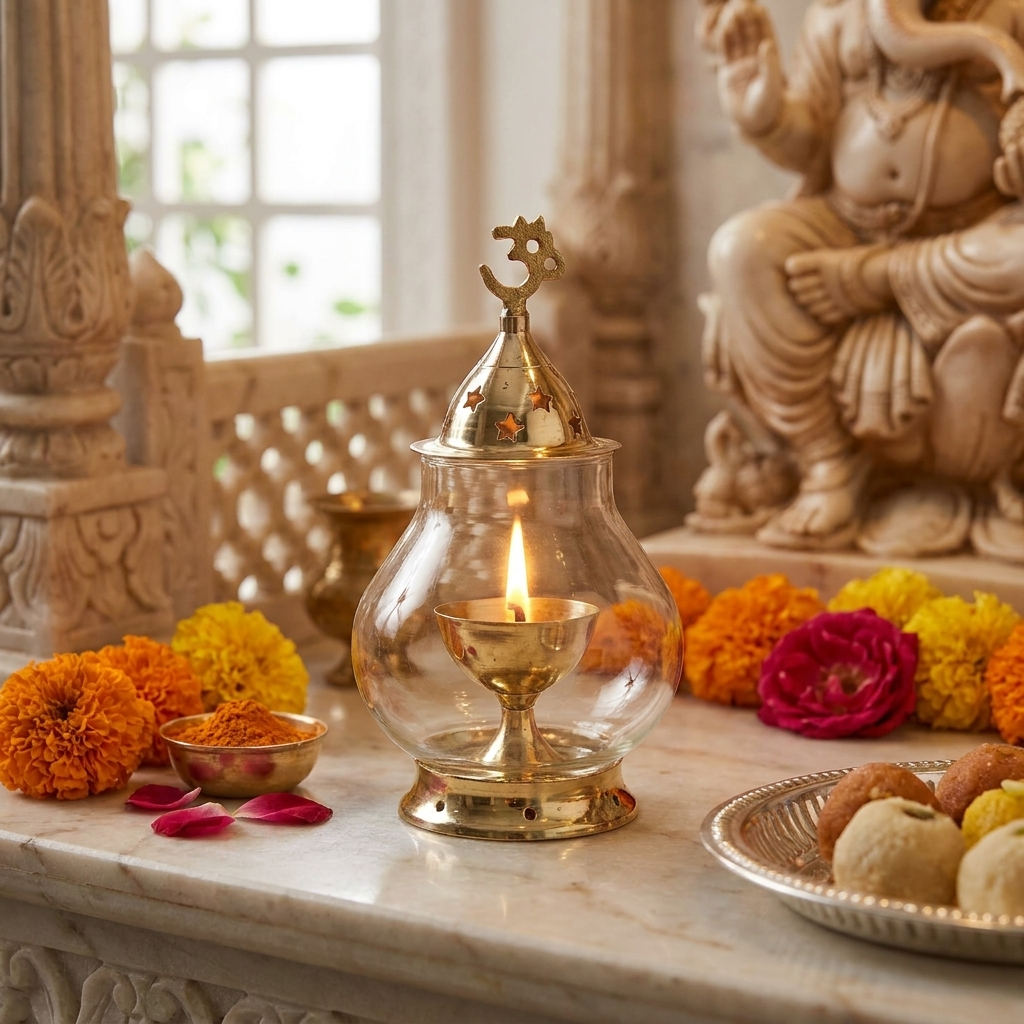 Akhand Diya/Oil Lamp with Glass Cover Brass