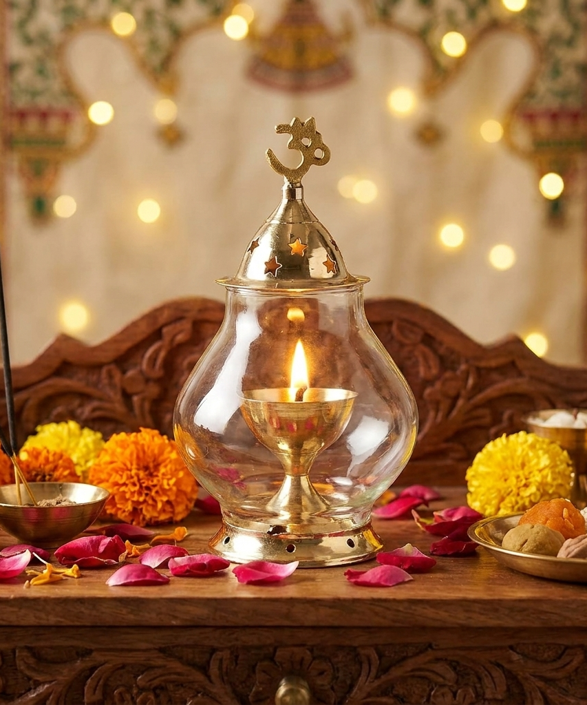 Akhand Diya/Oil Lamp with Glass Cover Brass