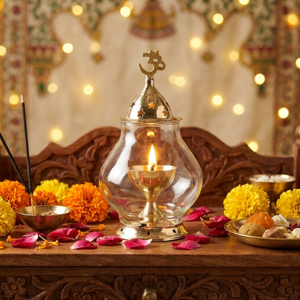 Akhand Diya/Oil Lamp with Glass Cover Brass